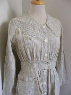   EARLY 1900s Edwardian Cotton Plaid House Dress Praire M/L Lace  