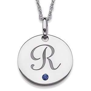   Sterling Silver Engraved Initial & Birthstone Disc Necklace Jewelry