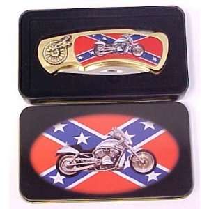 Confederate Flag Motorcycle Collectable Pocket Knife with Display Tin 