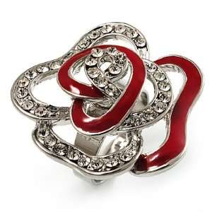   Crystal Red Enamel Rosebud Ring (Rhodium Plated Finish) Jewelry