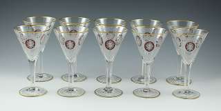 10 BOHEMIAN RUBY RED HAND CUT FLORAL PORT WINE GLASSES  