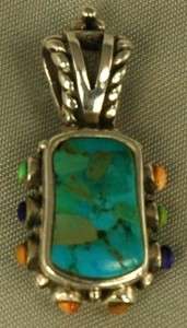 Barse Sterling Silver Turquoise, Lapis, Yellow Jade Pendant w/ Large 