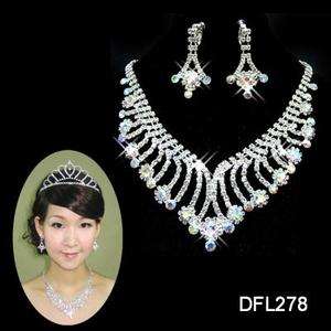 Wedding Bridal Colorful crystal necklace earring Sliver Jewelry set 