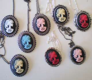 SKELETON LADY LOLITA CAMEO NECKLACE BROOCH IVORY PINK RED GOTH CHOOSE 