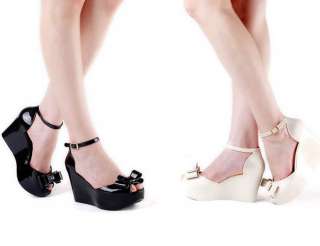 Ladys Open Toe Rubber Mary Jane Bowknot Platform Wedge Heels Sandals 