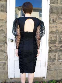   black sheer LACE puff sleeve party Cocktail ruched DRESS XS/S 7 prom
