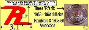 Red R s for RAMBLER Hub Caps American, AMC COLLECTOR  