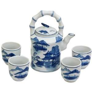   Porcelain Landscape Tea Set in Ming Blue and White