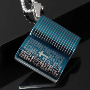 Mens Blue Stainless Steel Bible Pendant Cross Necklace  