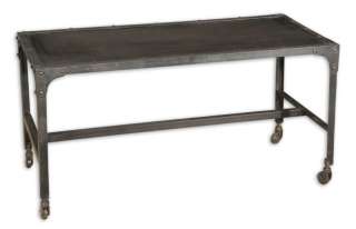 Black Painted Iron Steel Rectangle Casters Coffee Table  