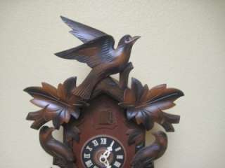   Antique Black Forest Heavily Carved Cuckoo Clock w/ Birds Leaves 1915