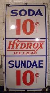 1940s Hydrox Ice Cream 10¢ Soda Sundae PORCELAIN Drug Store Fountain 