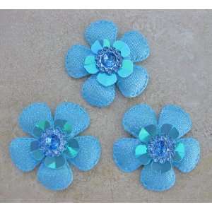  30 x BLUE Padded Glitter Flower Applique Trim AT28 