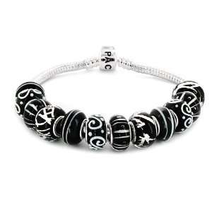   Beads Black Satin on 8 Inch Silver Plated Bracelet with Barrel Clasp