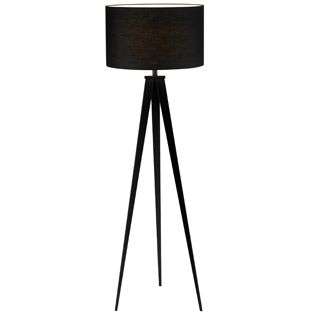   has a black metal tripod base with a black poly/cotton drum shade