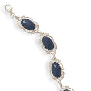 Sterling Silver 925 Leaf Vine Faceted Sapphire Link 8 Bracelet  