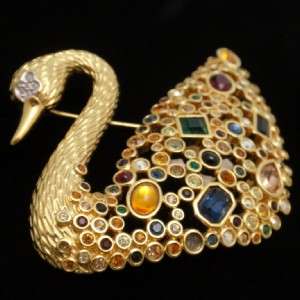 Swan Brooch Pin Vintage Swarovski Multi Color Crystals  