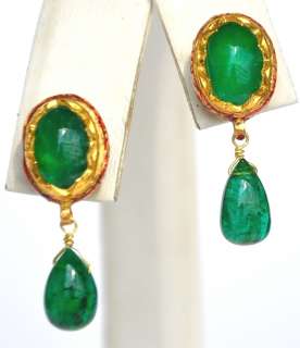 ANTIQUE 22KT SOLID GOLD AAA EMERALD COLORFUL ENAMEL EARRINGS  