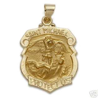 14K Gold St. Saint Michael Police Shield Medal Pendant E Engraving 
