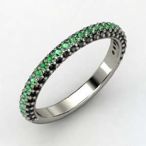  Slim Pave Band, 14K White Gold Ring with Emerald & Black 