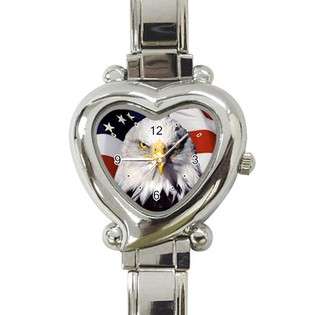 Carsons Collectibles Heart Italian Charm Watch of Bald Eagle with U.S 