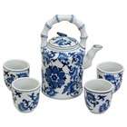 Oriental Furniture 5 Piece Porcelain Floral Tea Set in Blue and White