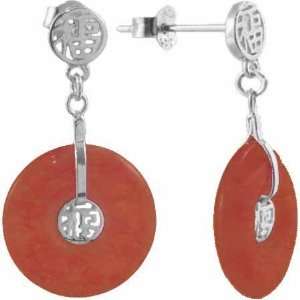  Sterling Silver Red Jade Chinese Motif Earrings Jewelry