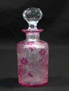   NANCY CAMEO ETCHED RUBY GLASS PERFUME BOTTLE ~ CAMEO FLOWERS  