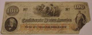   CONFEDERATE STATES OF AMERICA ONE HUNDRED DOLLAR PAPER BILL  
