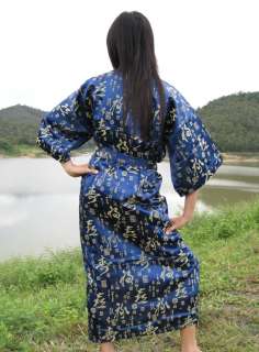 CHINESE SILK DRESSING GOWN Asian Script Persian Blue M  