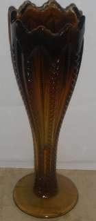Rootbeer Zipper Pressed Glass Ribbon Vase 10 EUC  