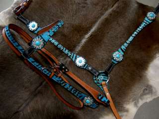 BRIDLE WESTERN LEATHER HEADSTALL BREASTCOLLAR TACK SET TURQUOISE ZEBRA 