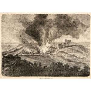  1874 Wood Engraving Explosion Fire Smoke Laon Landscape France 