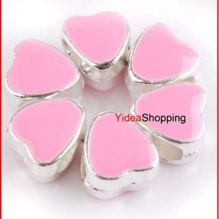 Silver Plated Pink Enamel Heart Charms Beads Fit European Bracelet 