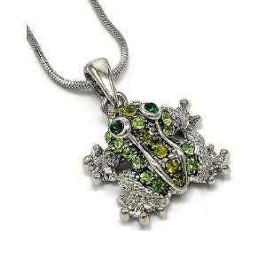   Silvertone Green Rhinestone Frog Pendant Necklace Fashion Jewelry