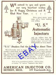 1912 AMERICAN U. S. AUTOMATIC STEAM ENGINE INJECTOR AD  