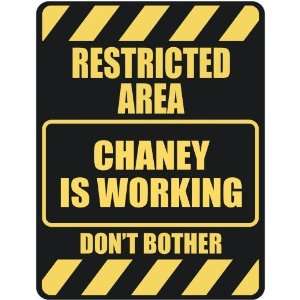   RESTRICTED AREA CHANEY IS WORKING  PARKING SIGN