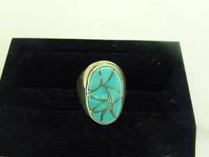 Mens Sterling Silver Turquoise Inlayed Oval Ring  