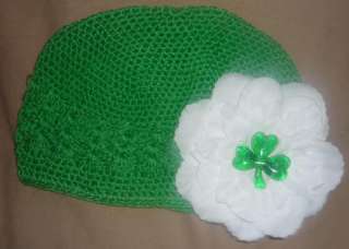 Boutique Emerald Green 3 Leaf Clover St Patricks Day Kufi Crochet Hat 