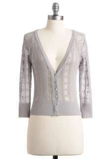 Kiss and Pointelle Cardigan in Dove   Short, Grey, Solid, Long Sleeve 
