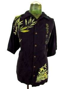 mens black green hawaiian TOMMY BAHAMA camp 100% silk short sleeve 