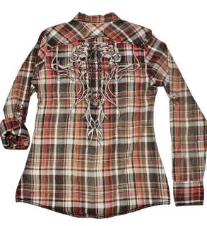New 2012 Roar Womens Leaha Embroidered Graphic Plaid Shirt Red  