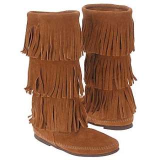 Womens Minnetonka Moccasin Calf Hi 3 Layer Fringe Brown Shoes 