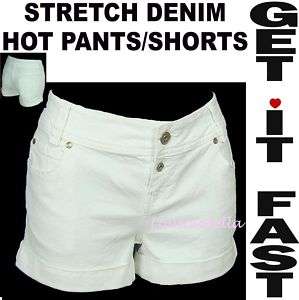 White Stretch Denim Shorts Hot Pants 8 10 12 14 16  