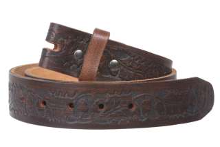 Snap On Embossed Birds and Leaves Genuine Leather Belt Strap  