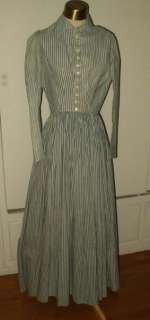   Victorian Civil War 1860s Blue White Stripe Cotton Day Or Work Dress
