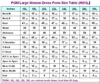 PGM Large Women Dress Form Size Table