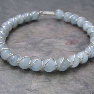 Blue Aquamarine Beaded Sterling Silver Wire Wrapped Bracelet  