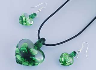 1set Heart Love Flower Inside Lampwork Murano Glass Pendant Necklace 