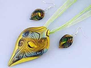 Pretty Leaf Murano Lampwork Glass Beads Art Necklace Earring Set 